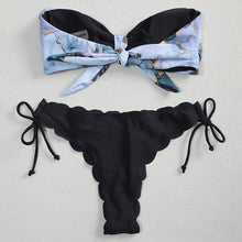 将图片加载到图库查看器,Summer Blue Bikini Women Swimwear Female Swimsuit Women’s Floral Print Lace-up Strapless Padded Comfortable Swimwear Bathing Suit Two-pieces Bikini Set Knotted Bathing Swim Suit