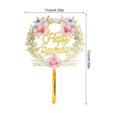 Load image into Gallery viewer, 1Pcs Metal Happy Birthday Cake Topper Artificial flowers Cake Toppers Happy Birthday Cake Topper Metal And Acrylic Cake Decoration With Pink Artificial Flower Cluster For DIY Baby Shower Birthday Party Decoration Baking Decor