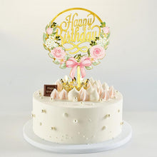 Load image into Gallery viewer, 1Pcs Metal Happy Birthday Cake Topper Artificial flowers Cake Toppers Happy Birthday Cake Topper Metal And Acrylic Cake Decoration With Pink Artificial Flower Cluster For DIY Baby Shower Birthday Party Decoration Baking Decor