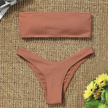 将图片加载到图库查看器,New Bikini High Waist Strapless Bikini Women Swimwear Women Swimsuit Padded Bathing Suit Pure Color Women's Bandeau Bikini Top-High Leg High Waist Bikini Bottom Set