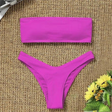 将图片加载到图库查看器,New Bikini High Waist Strapless Bikini Women Swimwear Women Swimsuit Padded Bathing Suit Pure Color Women's Bandeau Bikini Top-High Leg High Waist Bikini Bottom Set