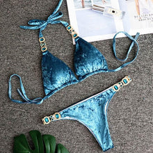 Load image into Gallery viewer, Luxury Purple Halter Crystal Diamond Bikini Female Swimsuit Women Swimwear Rhinestone Bikini Set Bathing Suit Women's Swimwear Rhinestone Halter Low Waist Tie Side Bikini Set 2 Pieces Crystal Diamond Swimsuit
