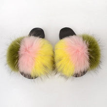 将图片加载到图库查看器,Summer Women Raccoon Fur Slippers Plush Slides Furry Sandals Fluffy House Shoes Girl's Cute Flip Flops Sandal With Soft Furry Faux Fox Fur House Outdoor Multicolor Slippers