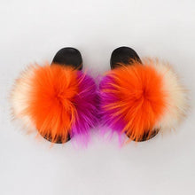 将图片加载到图库查看器,Summer Women Raccoon Fur Slippers Plush Slides Furry Sandals Fluffy House Shoes Girl's Cute Flip Flops Sandal With Soft Furry Faux Fox Fur House Outdoor Multicolor Slippers