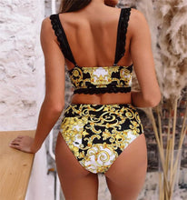 将图片加载到图库查看器,Vintage Black Print Women's Bikini Set Women's Halter Beautiful Print High Waist Swimsuit Bathing Suits Bikini Set Lace Strappy Padded Bra High Waist Bottoms Swimsuit Fashion Female Beachwear Luxury Swimwear