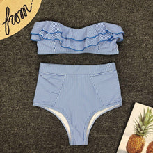Load image into Gallery viewer, Retro Blue White Striped High Waist Bikini Lady Swimwear Women Swimsuit Female Ruffle Swim Bathing Suit Piece Vintage High Waist Bikini Set Ruffled Swimsuits For Women Bathing Suits