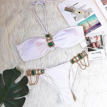 Load image into Gallery viewer, Luxury Purple Halter Crystal Diamond Bikini Female Swimsuit Women Swimwear Rhinestone Bikini Set Bathing Suit Women's Swimwear Rhinestone Halter Low Waist Tie Side Bikini Set 2 Pieces Crystal Diamond Swimsuit