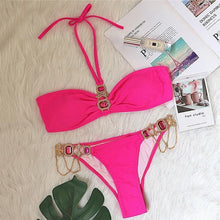 Load image into Gallery viewer, Luxury Purple Halter Crystal Diamond Bikini Female Swimsuit Women Swimwear Rhinestone Bikini Set Bathing Suit Women's Swimwear Rhinestone Halter Low Waist Tie Side Bikini Set 2 Pieces Crystal Diamond Swimsuit