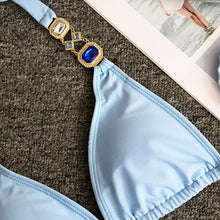 Load image into Gallery viewer, Luxury Purple Halter Crystal Diamond Bikini Female Swimsuit Women Swimwear Rhinestone Bikini Set Bathing Suit Women's Swimwear Rhinestone Halter Low Waist Tie Side Bikini Set 2 Pieces Crystal Diamond Swimsuit