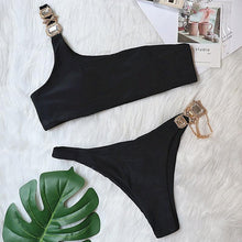 Load image into Gallery viewer, Luxury Purple Halter Crystal Diamond Bikini Female Swimsuit Women Swimwear Rhinestone Bikini Set Bathing Suit Women's Swimwear Rhinestone Halter Low Waist Tie Side Bikini Set 2 Pieces Crystal Diamond Swimsuit