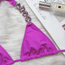 Load image into Gallery viewer, Luxury Purple Halter Crystal Diamond Bikini Female Swimsuit Women Swimwear Rhinestone Bikini Set Bathing Suit Women's Swimwear Rhinestone Halter Low Waist Tie Side Bikini Set 2 Pieces Crystal Diamond Swimsuit