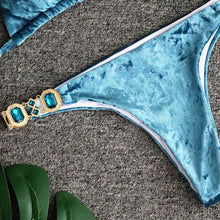 Load image into Gallery viewer, Luxury Purple Halter Crystal Diamond Bikini Female Swimsuit Women Swimwear Rhinestone Bikini Set Bathing Suit Women's Swimwear Rhinestone Halter Low Waist Tie Side Bikini Set 2 Pieces Crystal Diamond Swimsuit