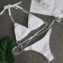 Load image into Gallery viewer, Luxury Purple Halter Crystal Diamond Bikini Female Swimsuit Women Swimwear Rhinestone Bikini Set Bathing Suit Women's Swimwear Rhinestone Halter Low Waist Tie Side Bikini Set 2 Pieces Crystal Diamond Swimsuit