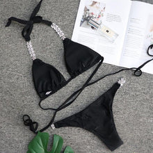 Load image into Gallery viewer, Luxury Purple Halter Crystal Diamond Bikini Female Swimsuit Women Swimwear Rhinestone Bikini Set Bathing Suit Women's Swimwear Rhinestone Halter Low Waist Tie Side Bikini Set 2 Pieces Crystal Diamond Swimsuit