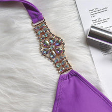 Load image into Gallery viewer, Luxury Purple Halter Crystal Diamond Bikini Female Swimsuit Women Swimwear Rhinestone Bikini Set Bathing Suit Women's Swimwear Rhinestone Halter Low Waist Tie Side Bikini Set 2 Pieces Crystal Diamond Swimsuit