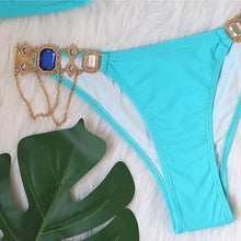Load image into Gallery viewer, Luxury Purple Halter Crystal Diamond Bikini Female Swimsuit Women Swimwear Rhinestone Bikini Set Bathing Suit Women's Swimwear Rhinestone Halter Low Waist Tie Side Bikini Set 2 Pieces Crystal Diamond Swimsuit