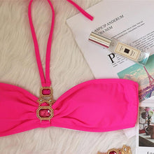 Load image into Gallery viewer, Luxury Purple Halter Crystal Diamond Bikini Female Swimsuit Women Swimwear Rhinestone Bikini Set Bathing Suit Women's Swimwear Rhinestone Halter Low Waist Tie Side Bikini Set 2 Pieces Crystal Diamond Swimsuit