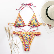 Load image into Gallery viewer, Vintage Print Bikini Female Handwork Small Ruffle Swimming Suit For Women Swimwear High Cut Bikini Set String Print Halter String Triangle Bikini Set Luxury Swimwear Two Piece Swimsuit
