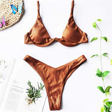 Load image into Gallery viewer, Underwired Bikini Female Swimsuit Women Swimwear Two-Piece V Shape Wire Bikini Set Bather Bathing Suit Women Micro Bikini Set Shiny Metallic 2 Piece Swimsuit Push Up Underwire Swimwear Bathing Suit