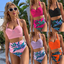 将图片加载到图库查看器,High Waist Bikini Leaf Print Swimsuit Women Push Up Swimwear Female Halter Bathing Suit Vintage Swimming Suit Women Vintage Underwire High Waist Swimsuit Two Pieces Halter Lace Up Adjustable Bikini Top