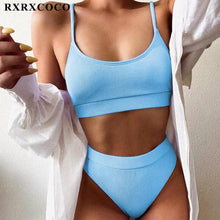 将图片加载到图库查看器,Swimwear Women Ribbed Bathing Suit Female Push Up Bikini Set Women's Bathing Suit Lace up Bikini Ribbed Two Piece Swimsuit Beachwear High Waist Bikini Women's Swimsuit