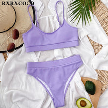 将图片加载到图库查看器,Swimwear Women Ribbed Bathing Suit Female Push Up Bikini Set Women's Bathing Suit Lace up Bikini Ribbed Two Piece Swimsuit Beachwear High Waist Bikini Women's Swimsuit