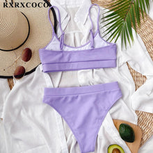 将图片加载到图库查看器,Swimwear Women Ribbed Bathing Suit Female Push Up Bikini Set Women's Bathing Suit Lace up Bikini Ribbed Two Piece Swimsuit Beachwear High Waist Bikini Women's Swimsuit