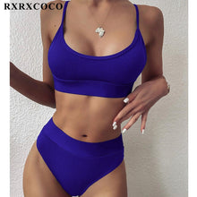 将图片加载到图库查看器,Swimwear Women Ribbed Bathing Suit Female Push Up Bikini Set Women's Bathing Suit Lace up Bikini Ribbed Two Piece Swimsuit Beachwear High Waist Bikini Women's Swimsuit