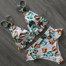 Load image into Gallery viewer, Women Summer High Waist Ruffle Bikini Set Swimwear Women Lady Floral Female Push Up Swimsuit Summer Beach Wear Bikini Pure Color Bikini Charming Ruffled Bra And Bottom Swimsuits
