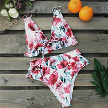 Load image into Gallery viewer, Women Summer High Waist Ruffle Bikini Set Swimwear Women Lady Floral Female Push Up Swimsuit Summer Beach Wear Bikini Pure Color Bikini Charming Ruffled Bra And Bottom Swimsuits