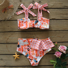将图片加载到图库查看器,Two-Pieces Women Floral Push-Up Padded Bra Ruffles Bikini Set Swimsuit Swimwear Bathing Suit Beachwear Floral Printed Swimsuit Knotted String Triangle Bikini Tie Side High Cut Cheeky Bikini Set
