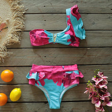 将图片加载到图库查看器,Two-Pieces Women Floral Push-Up Padded Bra Ruffles Bikini Set Swimsuit Swimwear Bathing Suit Beachwear Floral Printed Swimsuit Knotted String Triangle Bikini Tie Side High Cut Cheeky Bikini Set