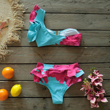 将图片加载到图库查看器,Two-Pieces Women Floral Push-Up Padded Bra Ruffles Bikini Set Swimsuit Swimwear Bathing Suit Beachwear Floral Printed Swimsuit Knotted String Triangle Bikini Tie Side High Cut Cheeky Bikini Set