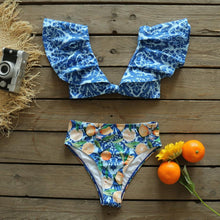 将图片加载到图库查看器,Two-Pieces Women Floral Push-Up Padded Bra Ruffles Bikini Set Swimsuit Swimwear Bathing Suit Beachwear Floral Printed Swimsuit Knotted String Triangle Bikini Tie Side High Cut Cheeky Bikini Set