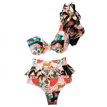 将图片加载到图库查看器,Two-Pieces Women Floral Push-Up Padded Bra Ruffles Bikini Set Swimsuit Swimwear Bathing Suit Beachwear Floral Printed Swimsuit Knotted String Triangle Bikini Tie Side High Cut Cheeky Bikini Set