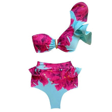 将图片加载到图库查看器,Two-Pieces Women Floral Push-Up Padded Bra Ruffles Bikini Set Swimsuit Swimwear Bathing Suit Beachwear Floral Printed Swimsuit Knotted String Triangle Bikini Tie Side High Cut Cheeky Bikini Set