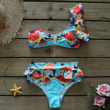 将图片加载到图库查看器,Two-Pieces Women Floral Push-Up Padded Bra Ruffles Bikini Set Swimsuit Swimwear Bathing Suit Beachwear Floral Printed Swimsuit Knotted String Triangle Bikini Tie Side High Cut Cheeky Bikini Set