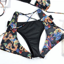 Load image into Gallery viewer, Modern Blue High Waist Bikini Push Up Swimwear Women Dragon Printed Bikini Set Retro Swimsuit Women's High Waist Bikini Swimsuits Twist Push Up Two Piece Bathing Suits Tummy Control Swimwear