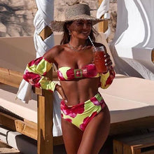 将图片加载到图库查看器,Trendy High Waist Bikini New Long Sleeve Swimsuit Women's Long Sleeve High Waist Off-Shoulder Swimwear Women Bubble Sleeve Bikinis Mesh Charming Beach Wear