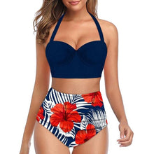 将图片加载到图库查看器,High Waist Bikini Leaf Print Swimsuit Women Push Up Swimwear Female Halter Bathing Suit Vintage Swimming Suit Women Vintage Underwire High Waist Swimsuit Two Pieces Halter Lace Up Adjustable Bikini Top