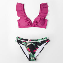 Load image into Gallery viewer, Low-waist Bikinis Set Swimwear Women Swimsuits Bathing Suit Orange Floral Ruffled Bikini Beachwear Bikini Swimsuits Ruffle Floral Two Piece Bathing Suits Printed Halter Neck Swimwear Beachwear