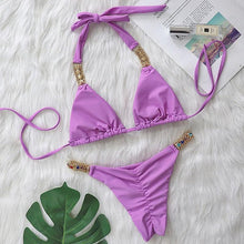 Load image into Gallery viewer, Luxury Purple Halter Crystal Diamond Bikini Female Swimsuit Women Swimwear Rhinestone Bikini Set Bathing Suit Women's Swimwear Rhinestone Halter Low Waist Tie Side Bikini Set 2 Pieces Crystal Diamond Swimsuit