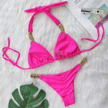 Load image into Gallery viewer, Luxury Purple Halter Crystal Diamond Bikini Female Swimsuit Women Swimwear Rhinestone Bikini Set Bathing Suit Women's Swimwear Rhinestone Halter Low Waist Tie Side Bikini Set 2 Pieces Crystal Diamond Swimsuit