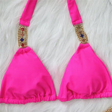 Load image into Gallery viewer, Luxury Purple Halter Crystal Diamond Bikini Female Swimsuit Women Swimwear Rhinestone Bikini Set Bathing Suit Women's Swimwear Rhinestone Halter Low Waist Tie Side Bikini Set 2 Pieces Crystal Diamond Swimsuit