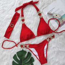 Load image into Gallery viewer, Luxury Purple Halter Crystal Diamond Bikini Female Swimsuit Women Swimwear Rhinestone Bikini Set Bathing Suit Women's Swimwear Rhinestone Halter Low Waist Tie Side Bikini Set 2 Pieces Crystal Diamond Swimsuit