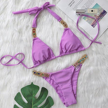 Load image into Gallery viewer, Luxury Purple Halter Crystal Diamond Bikini Female Swimsuit Women Swimwear Rhinestone Bikini Set Bathing Suit Women's Swimwear Rhinestone Halter Low Waist Tie Side Bikini Set 2 Pieces Crystal Diamond Swimsuit