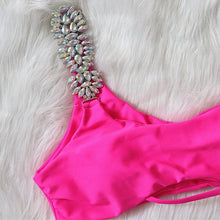 Load image into Gallery viewer, Luxury Purple Halter Crystal Diamond Bikini Female Swimsuit Women Swimwear Rhinestone Bikini Set Bathing Suit Women's Swimwear Rhinestone Halter Low Waist Tie Side Bikini Set 2 Pieces Crystal Diamond Swimsuit