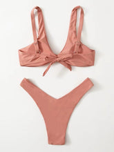 Load image into Gallery viewer, Solid Tie Bikini Padded Bra High Leg Bandage Push Up Bikini Set Brazilian Swimsuit Women Swimwear Rib Bikini Set High Cut Spaghetti Strap Two Piece Swimsuit Bathing Suit