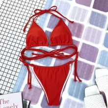 Load image into Gallery viewer, Thong Bikini Swimwear Women Bandage Solid Swimsuit Micro Bikini Set Summer Beachwear Swim Suit High Cut Thong 2 Pieces Bikini Set Swimsuit