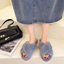 将图片加载到图库查看器,Fluffy Slippers Women Cozy Faux Fur Cross Indoor Floor Slides Flat Soft Furry Shoes Fluffy Furry Fur Slippers Flip Flop Open Toe Cozy House Memory Foam Sandals Slides Soft Flat Comfy Slippers